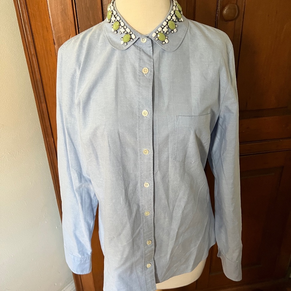 J.Crew Jeweled Peter Pan oxford boy shirt in blue sz 10